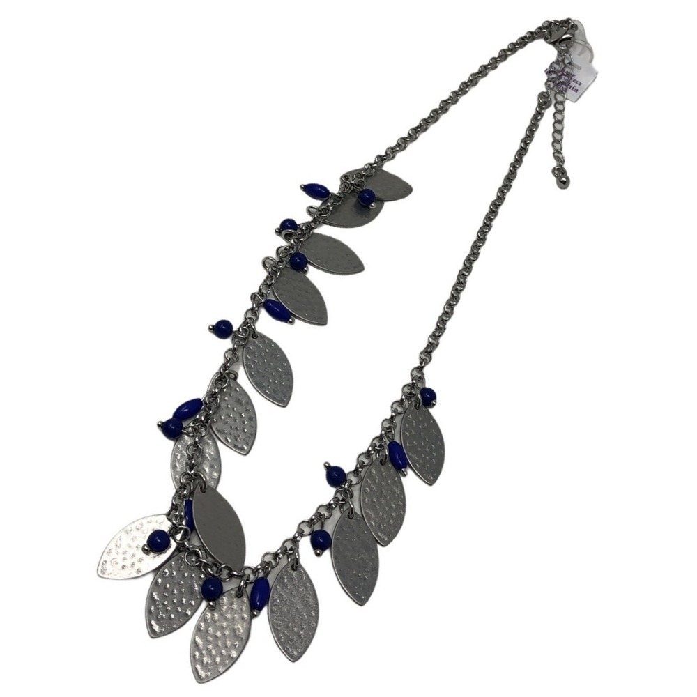 Lia Sophia Necklace Silver Tone Leaves Blue Beads Boho 18-21"